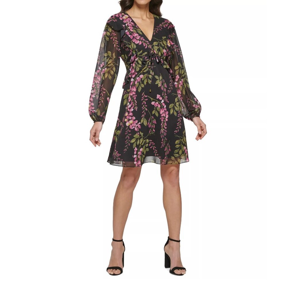 Kensie Women's Chiffon V-Neck Rear Zip V-Neck Dress, Black Multi Floral, Size 2
